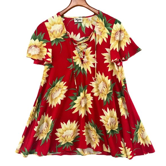 Show Me Your Mumu Kylie Lace Up Dress Red Yellow Floral Short Sleeve Mini Sz XS - Picture 3 of 9